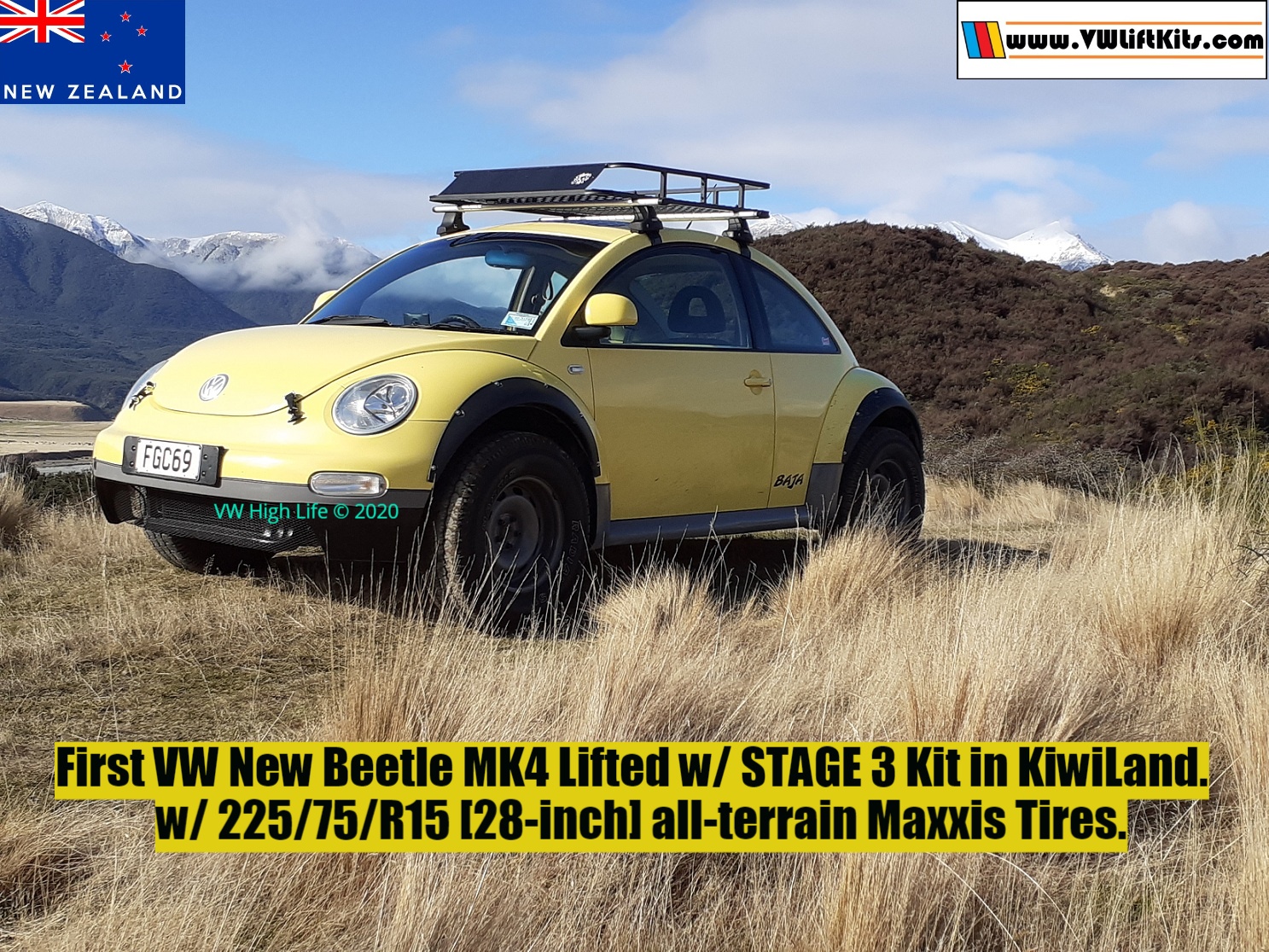 VW Beetle MK4 lifted w/ Stage 3 Kit and 28-inch Maxxis Tires! Congrats Richard and his COVID Beetle!. 